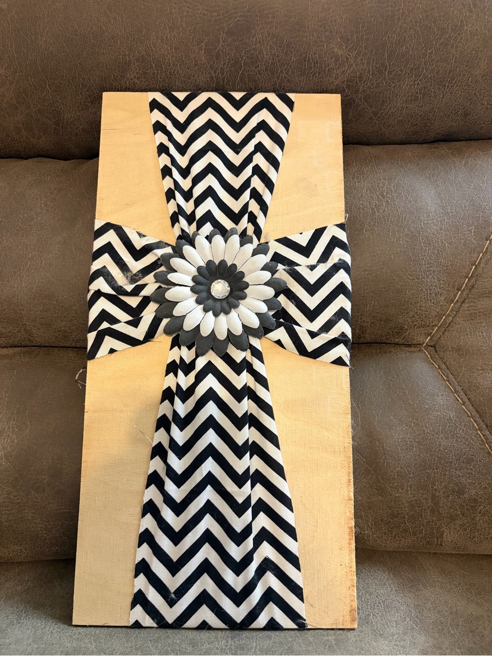 Chevron Fabric Cross Wall Art with Flower Accent - Black & Cream